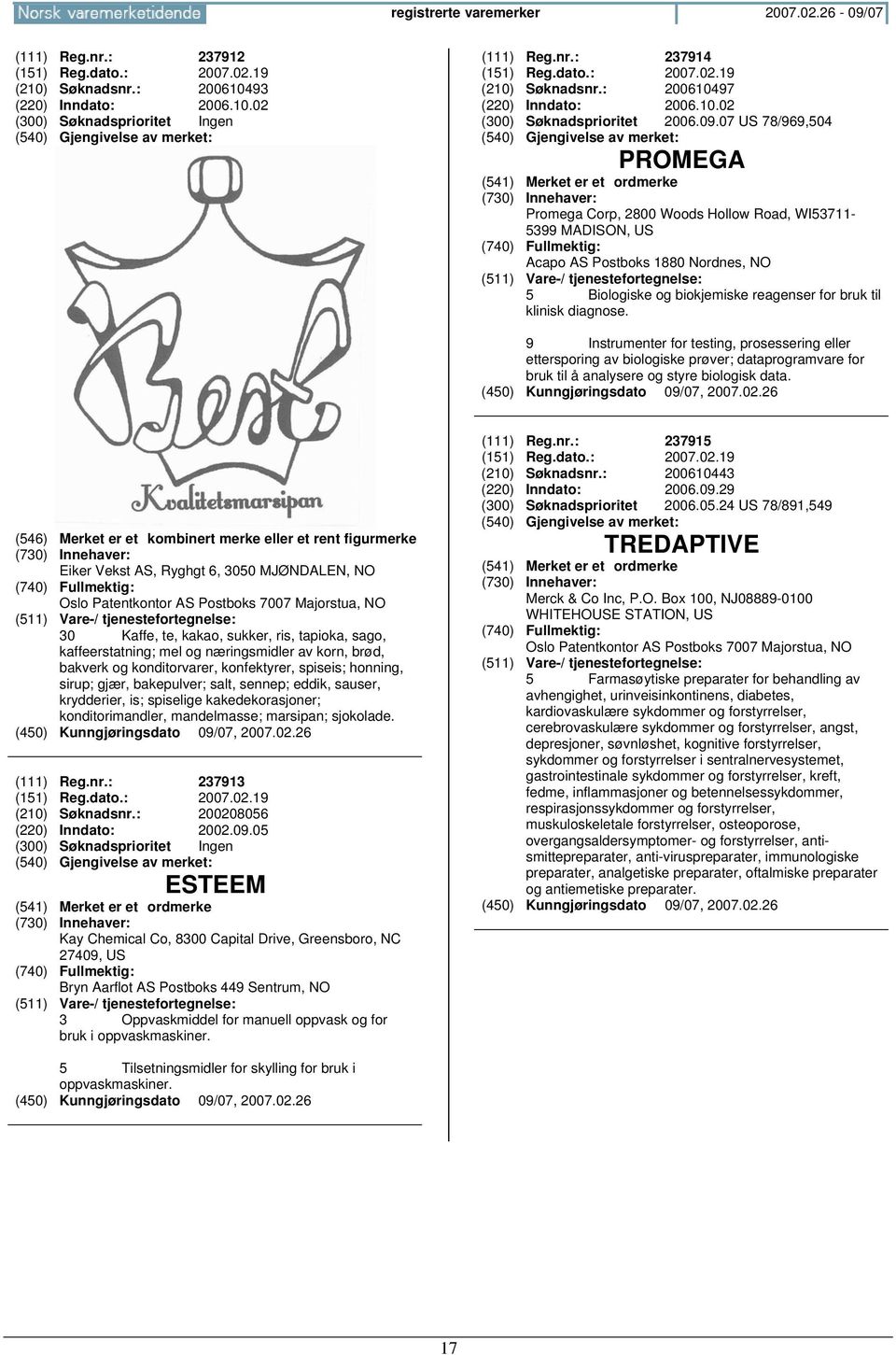 07 US 78/969,504 PROMEGA Promega Corp, 2800 Woods Hollow Road, WI53711-5399 MADISON, US Acapo AS Postboks 1880 Nordnes, NO 5 Biologiske og biokjemiske reagenser for bruk til klinisk diagnose.