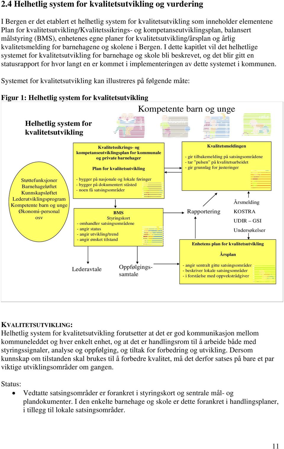 I dette kapitlet vil det helhetlige systemet for kvalitetsutvikling for barnehage og skole bli beskrevet, og det blir gitt en statusrapport for hvor langt en er kommet i implementeringen av dette