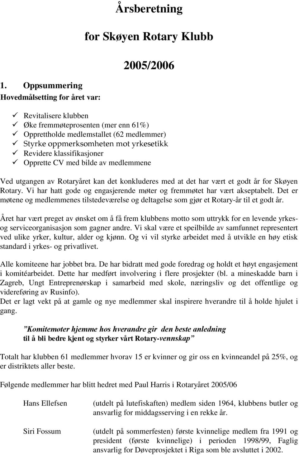 Vi har hatt gode og engasjerende møter og fremmøtet har vært akseptabelt. Det er møtene og medlemmenes tilstedeværelse og deltagelse som gjør et Rotary-år til et godt år.