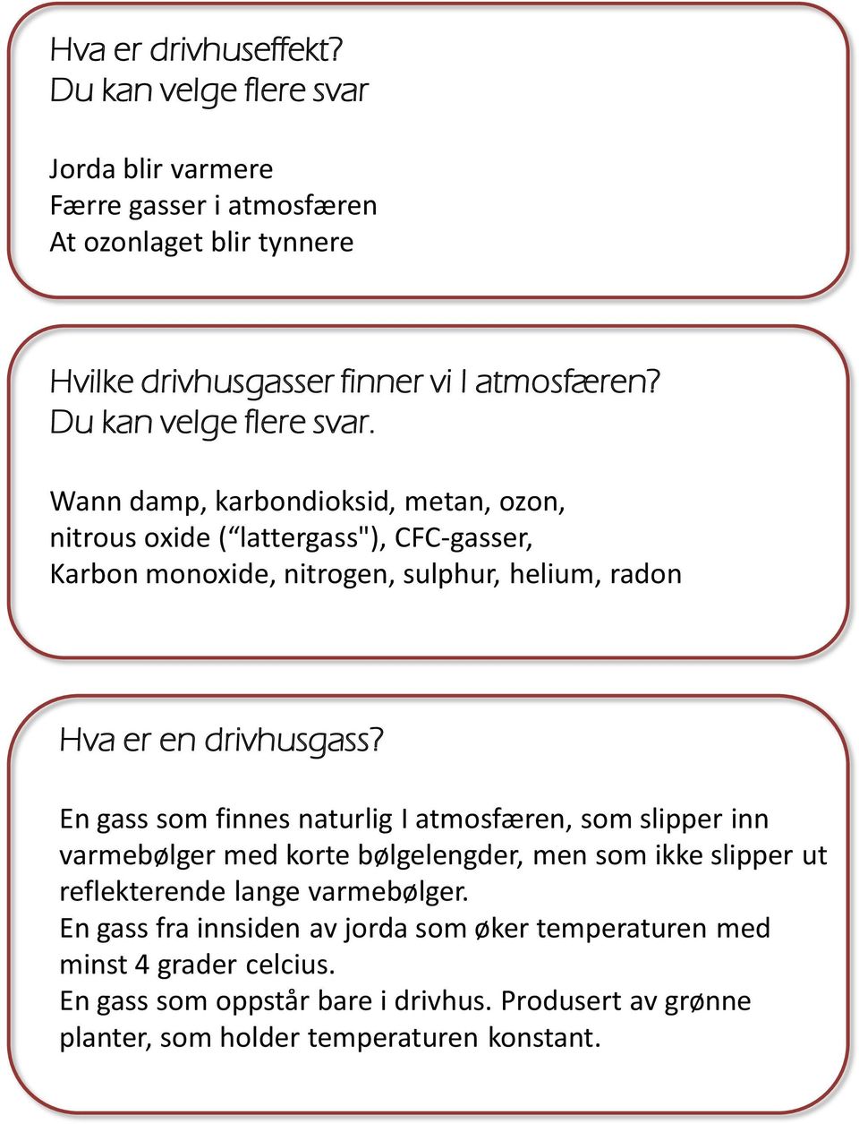 Wann damp, karbondioksid, metan, ozon, nitrous oxide ( lattergass"), CFC-gasser, Karbon monoxide, nitrogen, sulphur, helium, radon Hva er en drivhusgass?