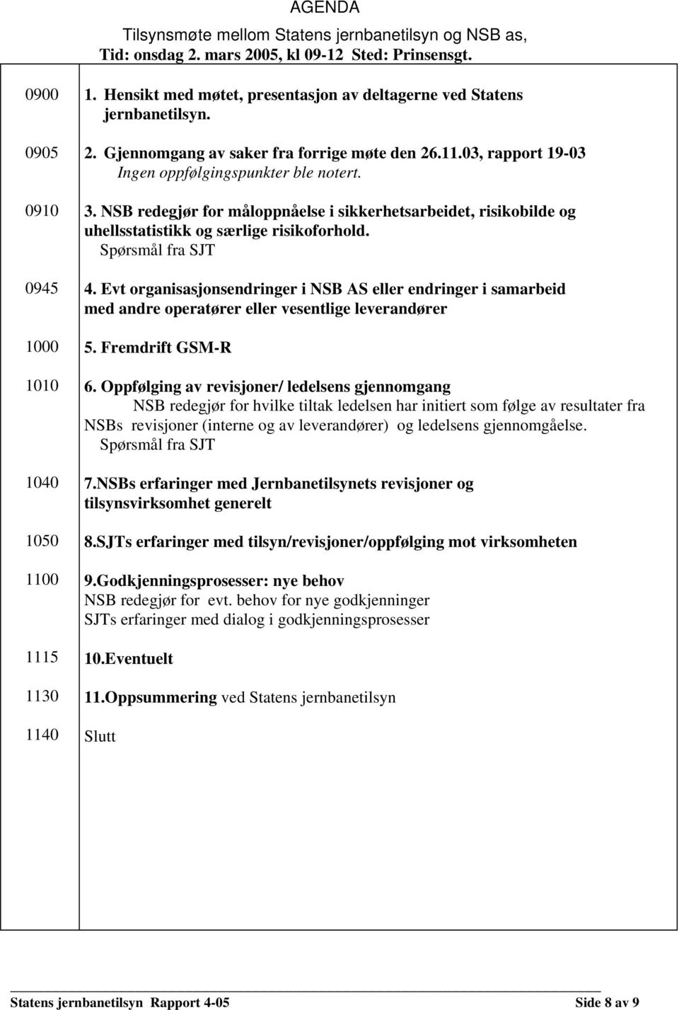 NSB redegjør for måloppnåelse i sikkerhetsarbeidet, risikobilde og uhellsstatistikk og særlige risikoforhold. Spørsmål fra SJT 0945 4.