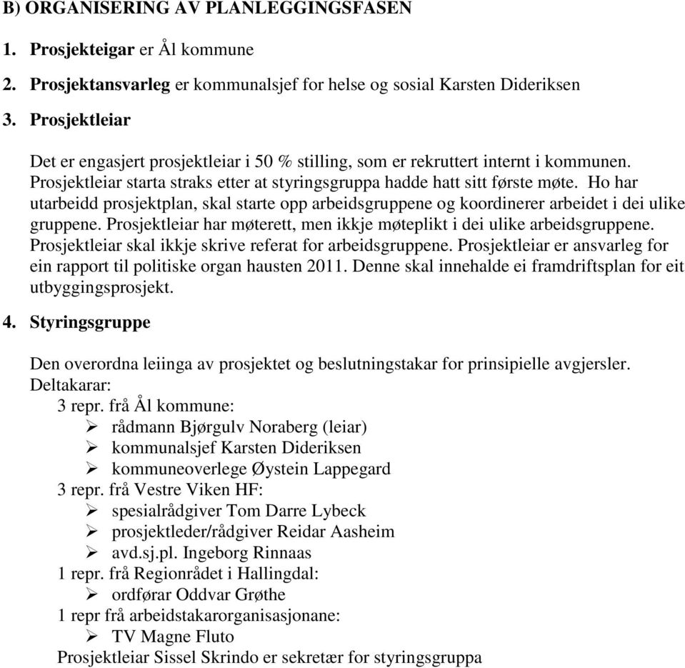 Ho har utarbeidd prosjektplan, skal starte opp arbeidsgruppene og koordinerer arbeidet i dei ulike gruppene. Prosjektleiar har møterett, men ikkje møteplikt i dei ulike arbeidsgruppene.