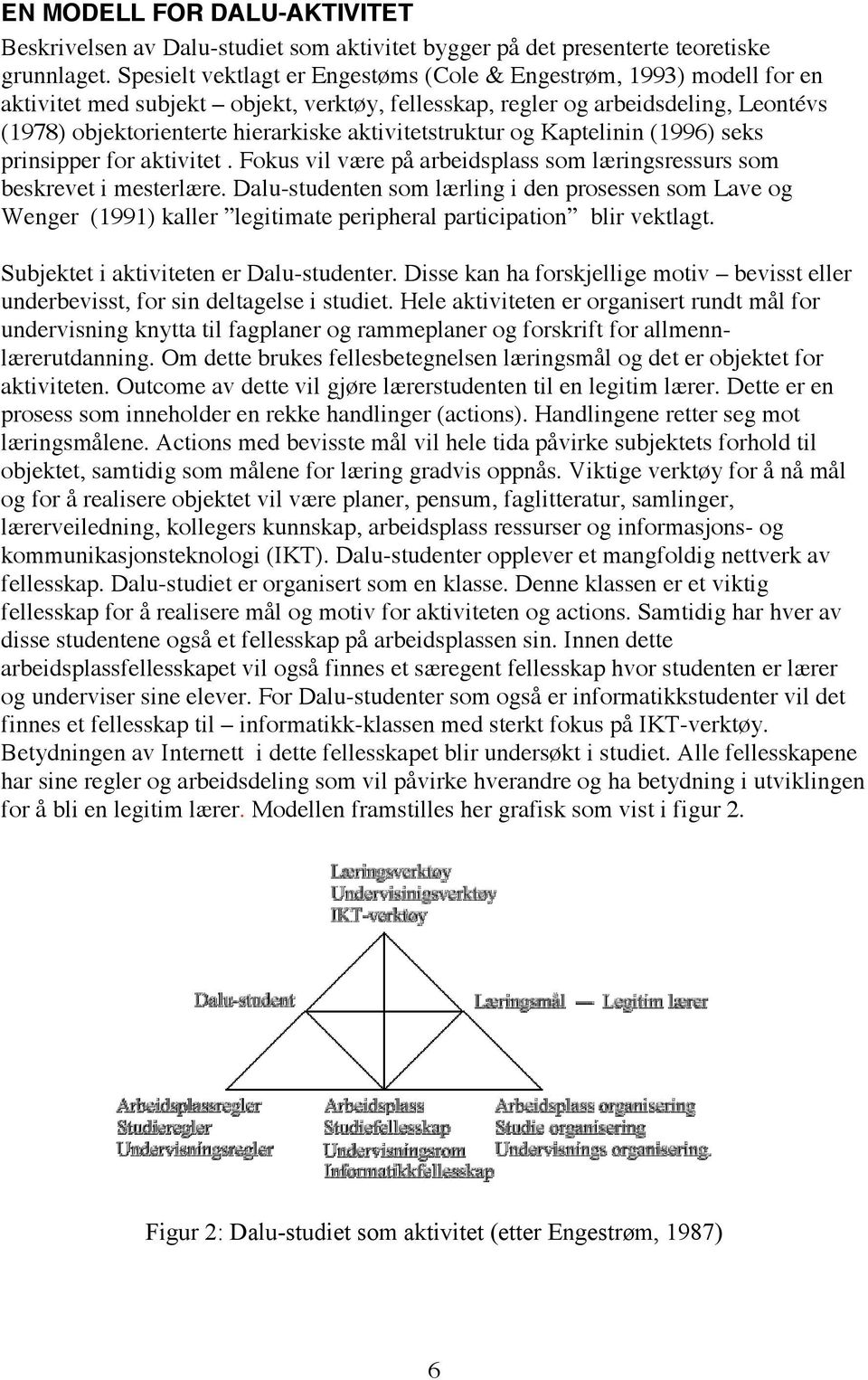 aktivitetstruktur og Kaptelinin (1996) seks prinsipper for aktivitet. Fokus vil være på arbeidsplass som læringsressurs som beskrevet i mesterlære.