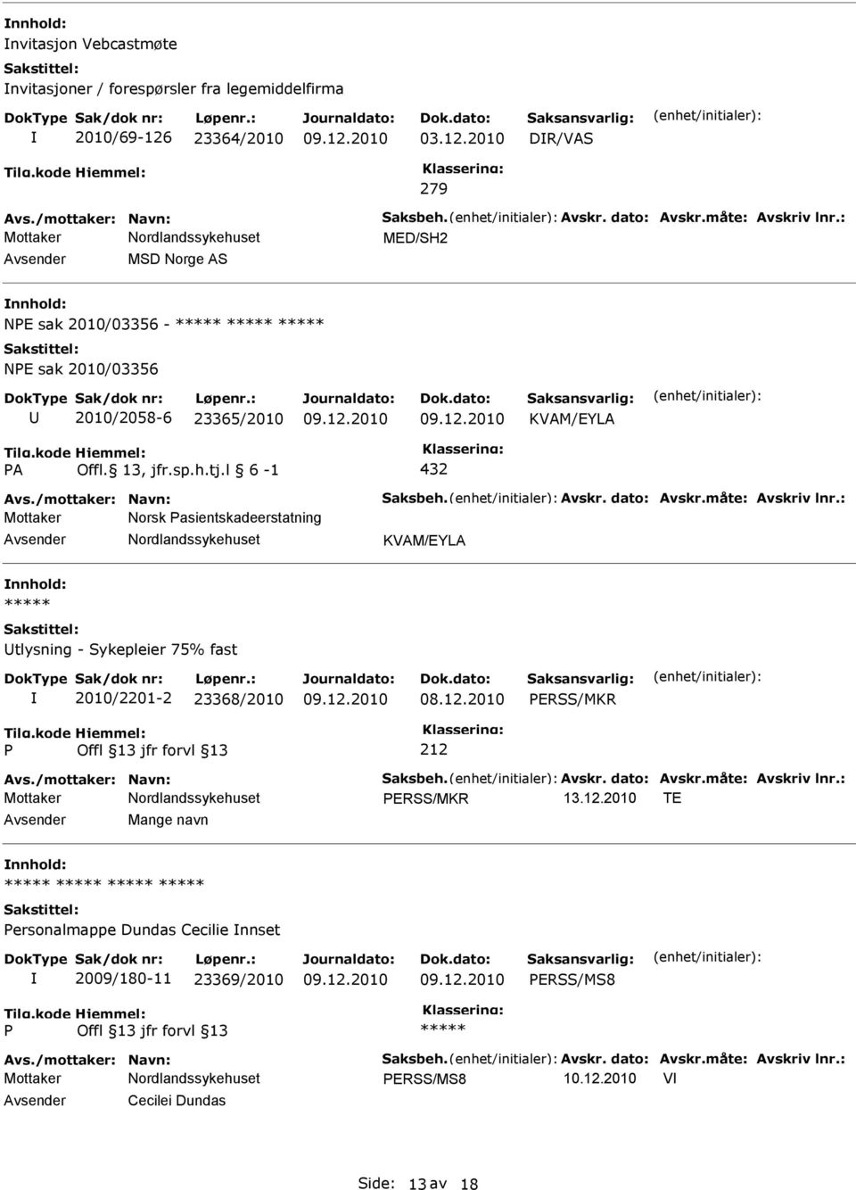 2010 DR/VAS 279 MED/SH2 MSD Norge AS NE sak 2010/03356 - NE sak 2010/03356 2010/2058-6 23365/2010 A 432 Mottaker