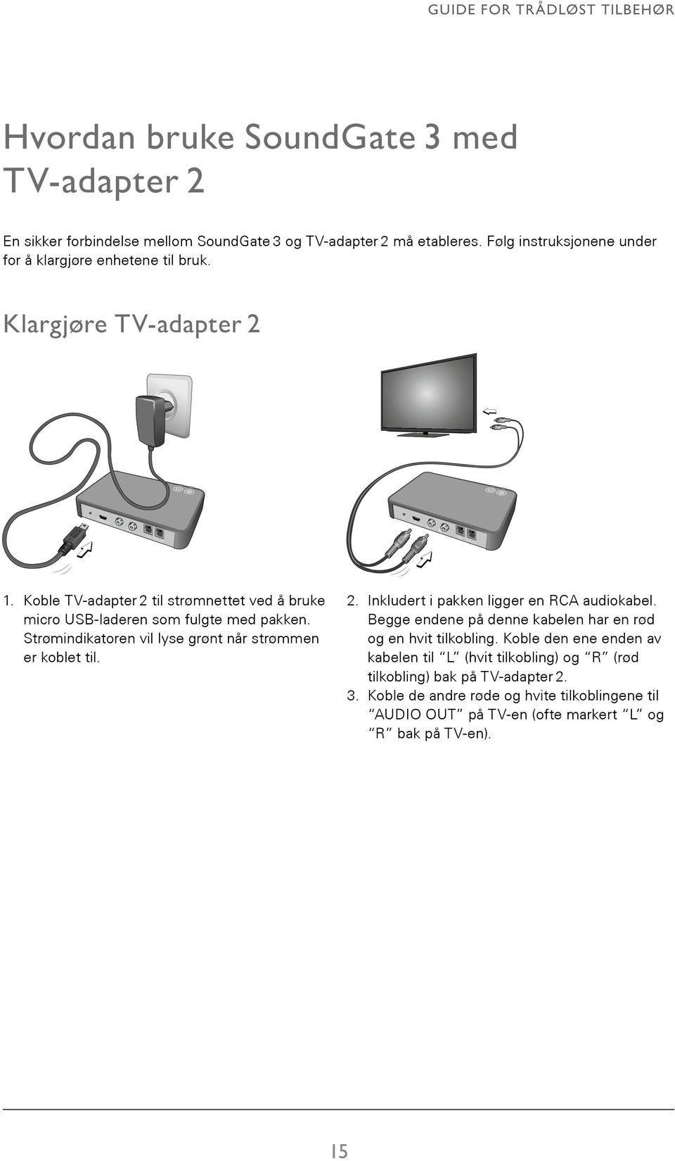 Koble SN2_ILLU_TelevisionAdapterToWallPower_BW_HI TV-adapter 2 til strømnettet ved å bruke micro USB-laderen som fulgte med pakken. Strømindikatoren vil lyse grønt når strømmen er koblet til. 45 2.