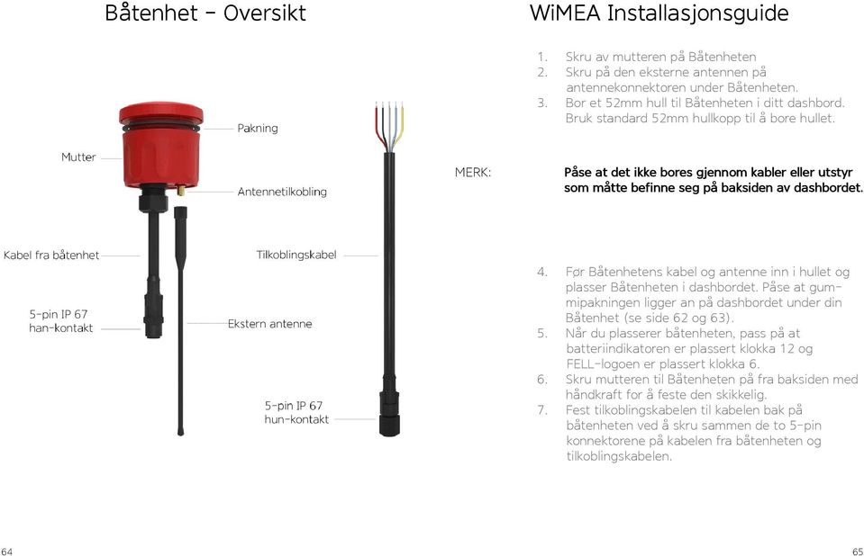 MERK: Påse at det ikke bores gjennom kabler eller utstyr som måtte befinne seg på baksiden av dashbordet. 4. Før Båtenhetens kabel og antenne inn i hullet og plasser Båtenheten i dashbordet.