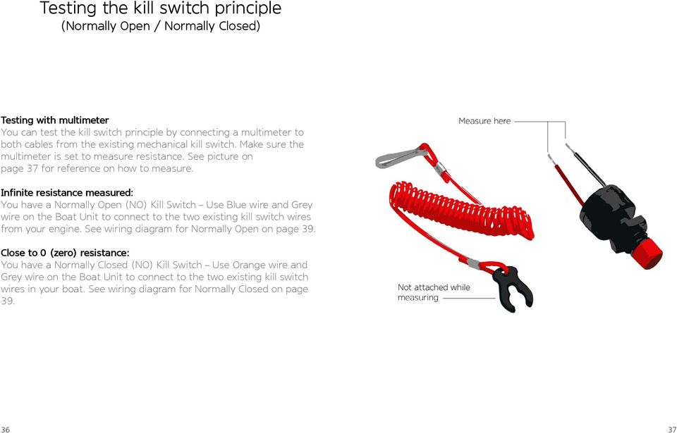 Infinite resistance measured: You have a Normally Open (NO) Kill Switch Use Blue wire and Grey wire on the Boat Unit to connect to the two existing kill switch wires from your engine.