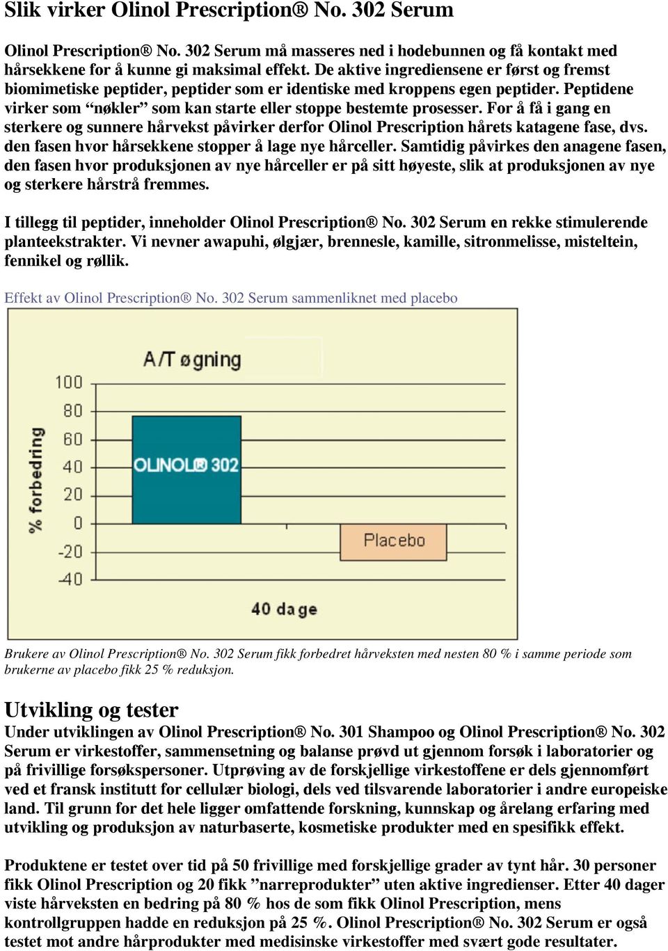 For å få i gang en sterkere og sunnere hårvekst påvirker derfor Olinol Prescription hårets katagene fase, dvs. den fasen hvor hårsekkene stopper å lage nye hårceller.