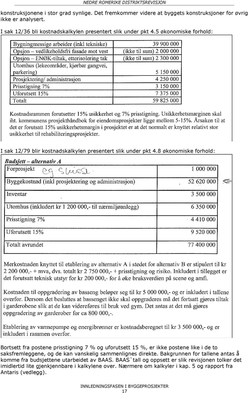 8 økonomiske forhold: Bortsett fra postene prisstigning 7 % og uforutsett 15 %, er ikke postene like i de to saksfremleggene, og de kan vanskelig sammenlignes direkte.