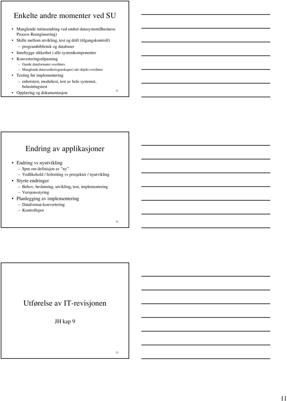 modultest, test av hele systemet, belastningstest 31 Opplæring og dokumentasjon Endring av applikasjoner Endring vs nyutvikling Spm om definisjon av ny Vedlikehold / feilretting vs prosjekter /