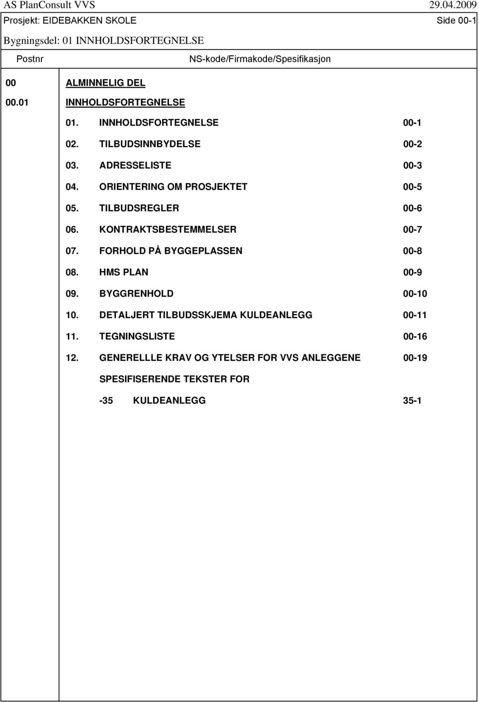 TILBUDSREGLER 00-6 06. KONTRAKTSBESTEMMELSER 00-7 07. FORHOLD PÅ BYGGEPLASSEN 00-8 08. HMS PLAN 00-9 09. BYGGRENHOLD 00-10 10.