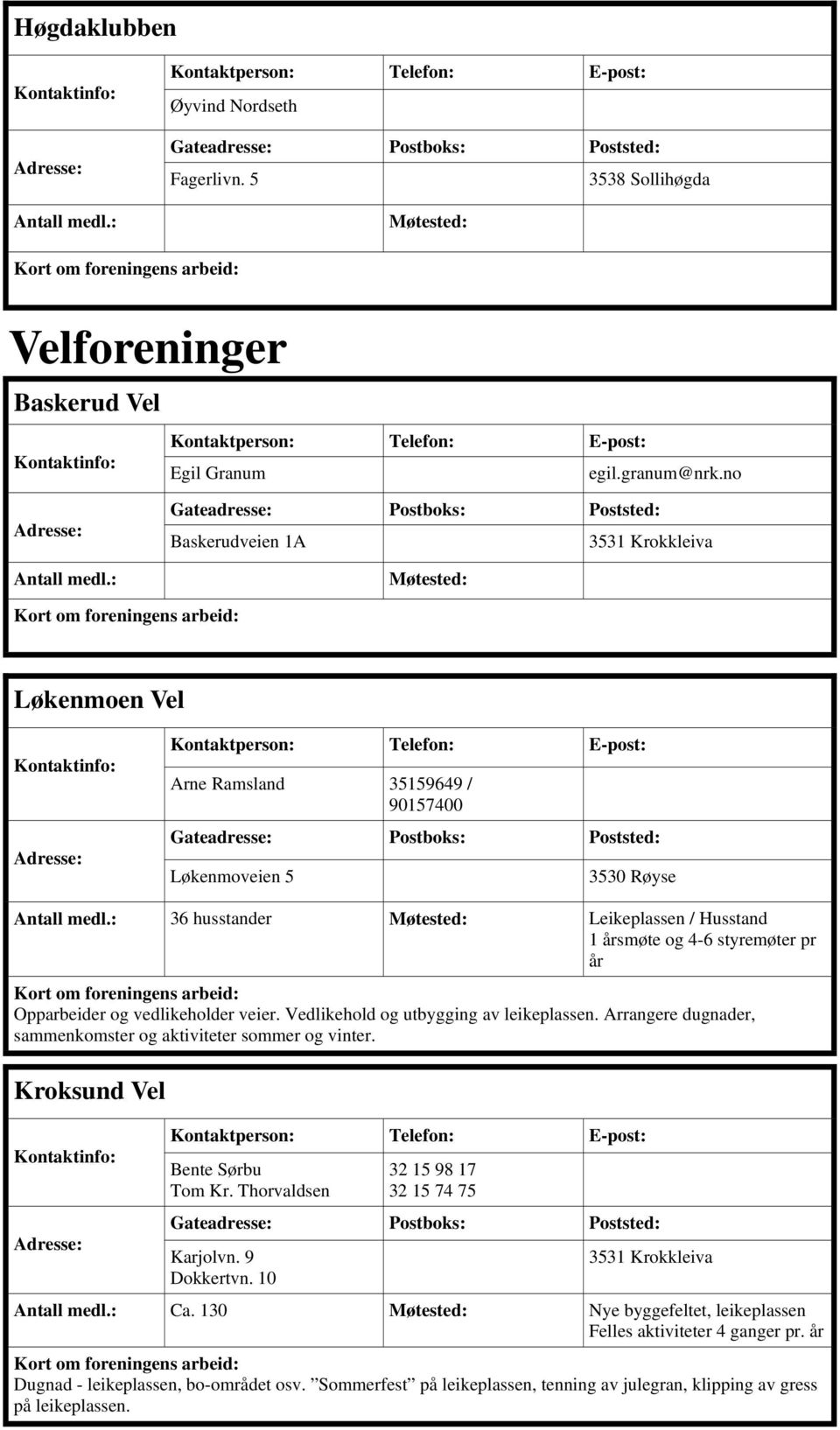 vedlikeholder veier. Vedlikehold og utbygging av leikeplassen. Arrangere dugnader, sammenkomster og aktiviteter sommer og vinter. Kroksund Vel Bente Sørbu Tom Kr.