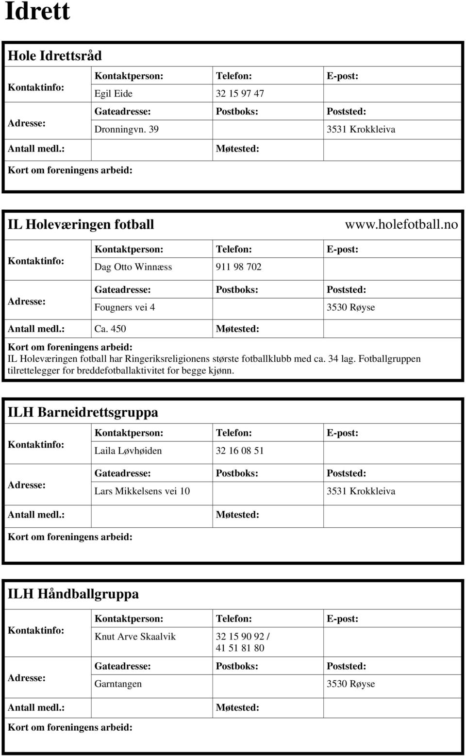 450 IL Holeværingen fotball har Ringeriksreligionens største fotballklubb med ca. 34 lag.