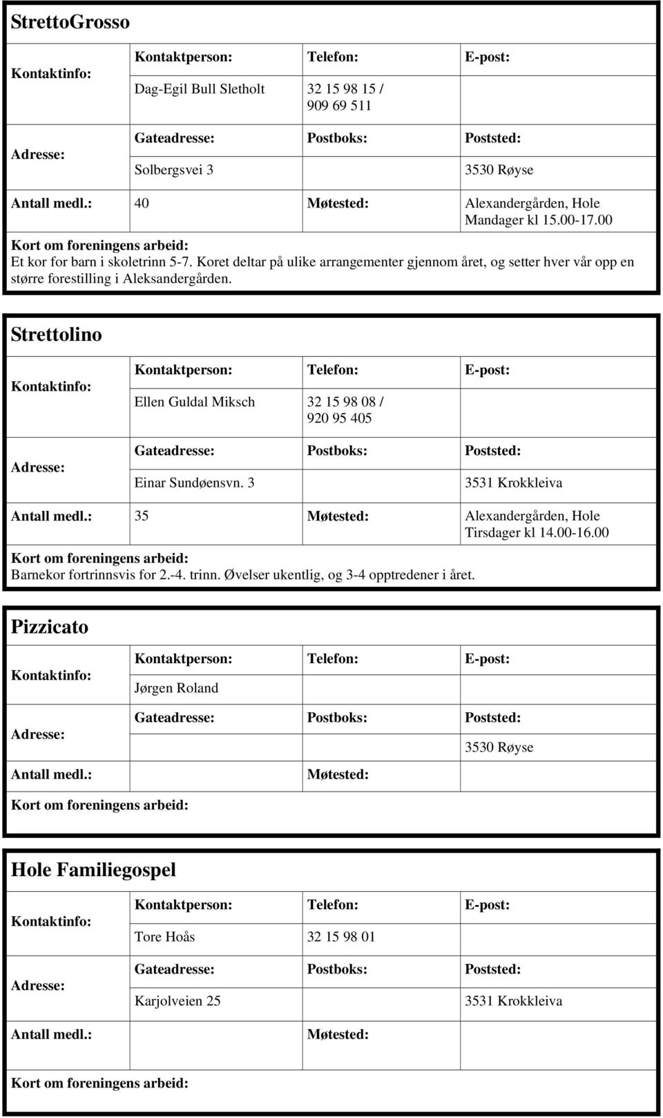 Koret deltar på ulike arrangementer gjennom året, og setter hver vår opp en større forestilling i Aleksandergården.