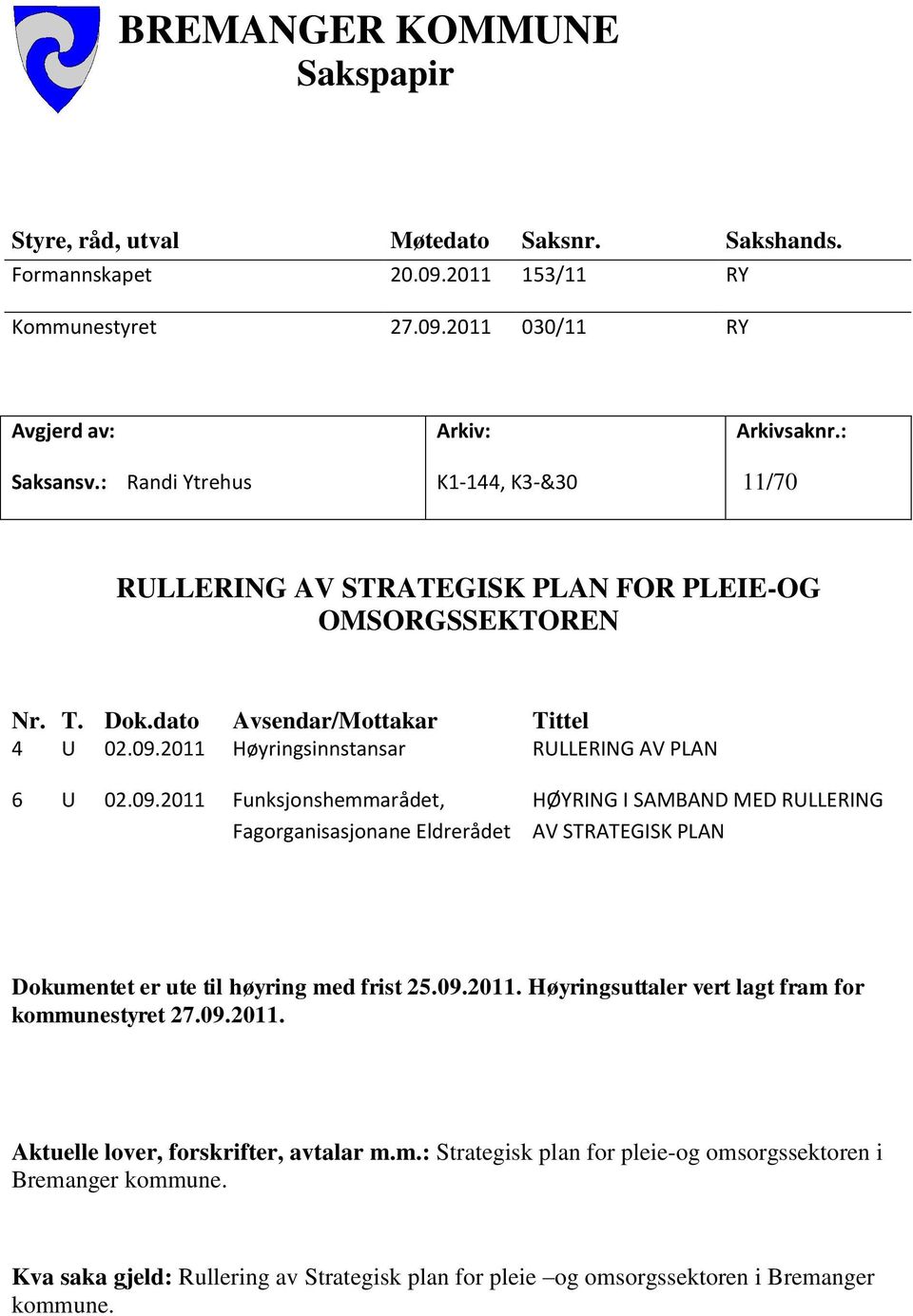 2011 Høyringsinnstansar RULLERING AV PLAN 6 U 02.09.