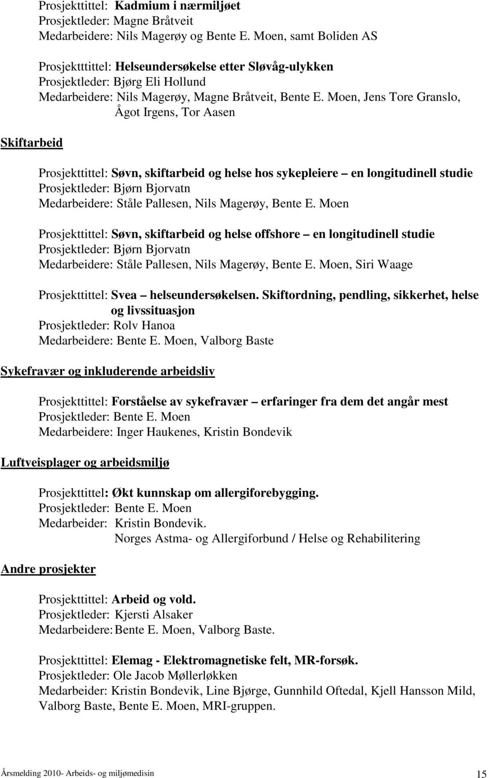 Moen, Jens Tore Granslo, Ågot Irgens, Tor Aasen Prosjekttittel: Søvn, skiftarbeid og helse hos sykepleiere en longitudinell studie Prosjektleder: Bjørn Bjorvatn Medarbeidere: Ståle Pallesen, Nils