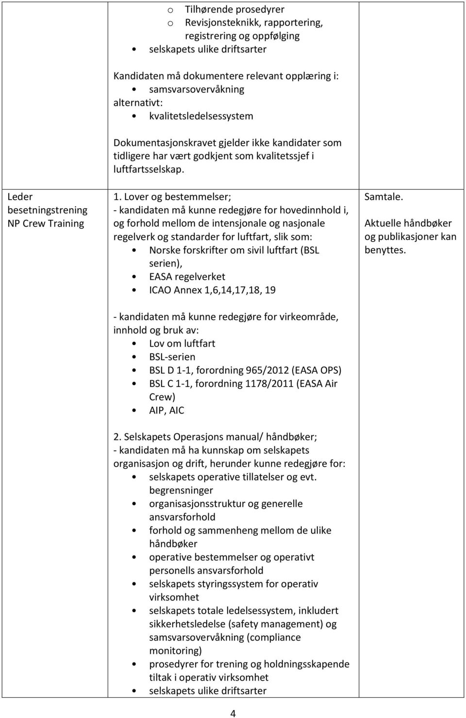 - kandidaten må kunne redegjøre fr hvedinnhld i, g frhld mellm de intensjnale g nasjnale regelverk g standarder fr luftfart, slik sm: Nrske frskrifter m sivil luftfart (BSL serien), ICAO Annex