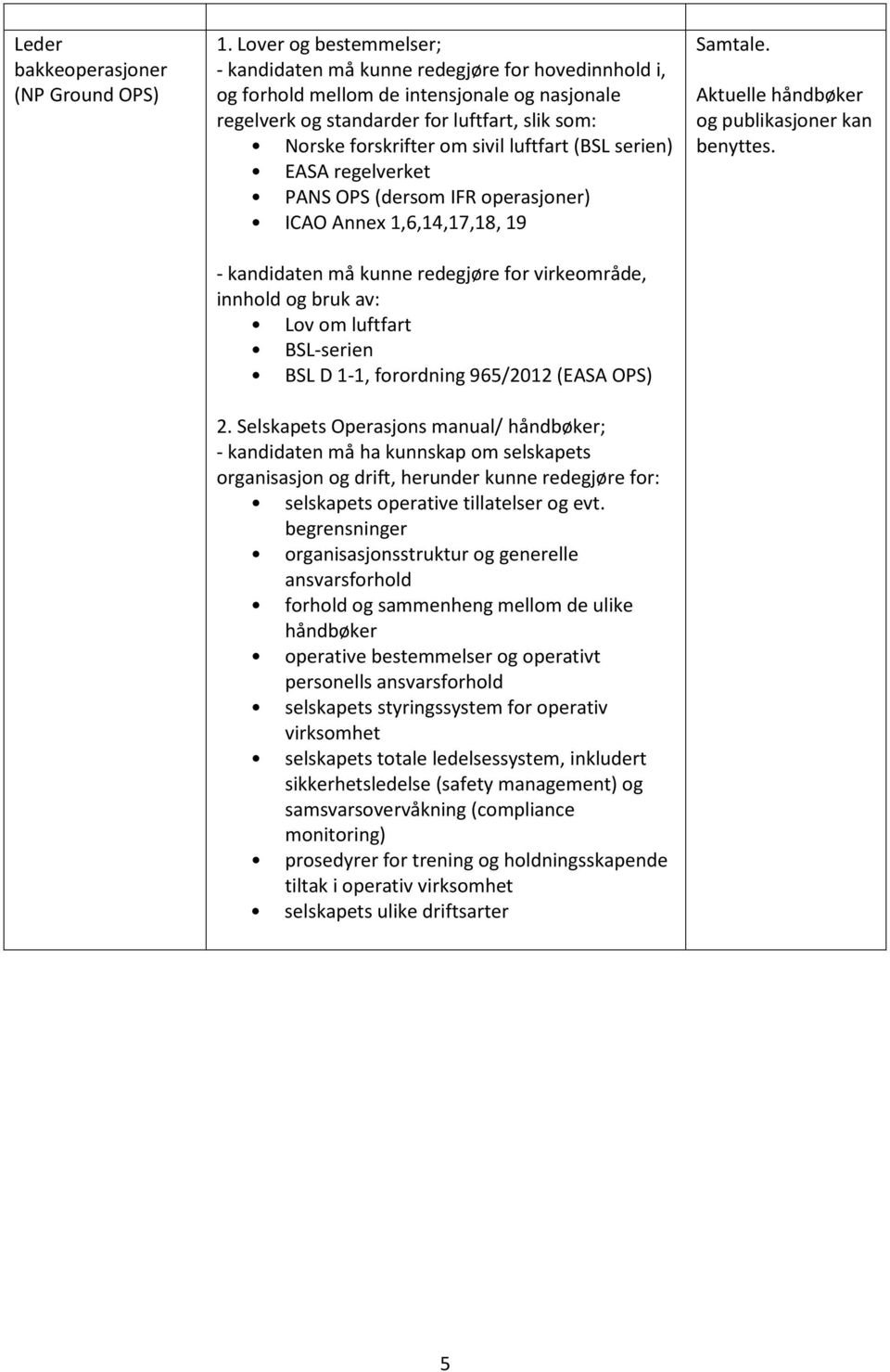 luftfart BSL-serien BSL D 1-1, frrdning 965/2012 (EASA OPS) - kandidaten må ha kunnskap m selskapets rganisasjn g drift, herunder kunne redegjøre fr: rganisasjnsstruktur g