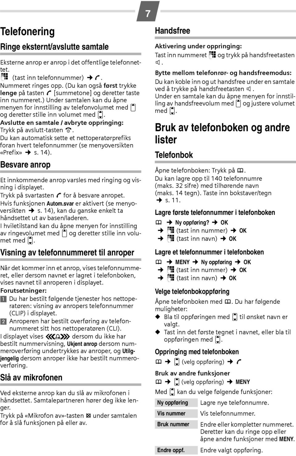 Avslutte en samtale / avbryte oppringing: Trykk på avslutt-tasten a. Du kan automatisk sette et nettoperatørprefiks foran hvert telefonnummer (se menyoversikten «Prefix» s. 14).