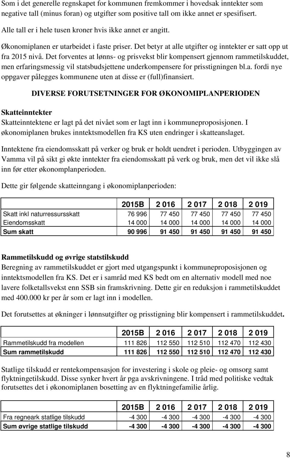 Det forventes at lønns- og prisvekst blir kompensert gjennom rammetilskuddet, men erfaringsmessig vil statsbudsjettene underkompensere for prisstigningen bl.a. fordi nye oppgaver pålegges kommunene uten at disse er (full)finansiert.