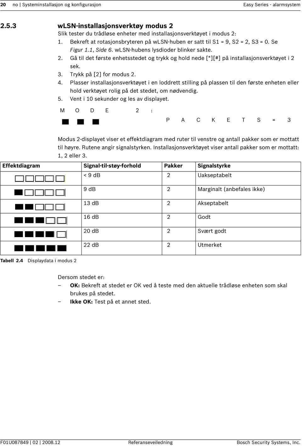 3. Trykk på [2] for modus 2. 4. Plasser installasjonsverktøyet i en loddrett stilling på plassen til den første enheten eller hold verktøyet rolig på det stedet, om nødvendig. 5.