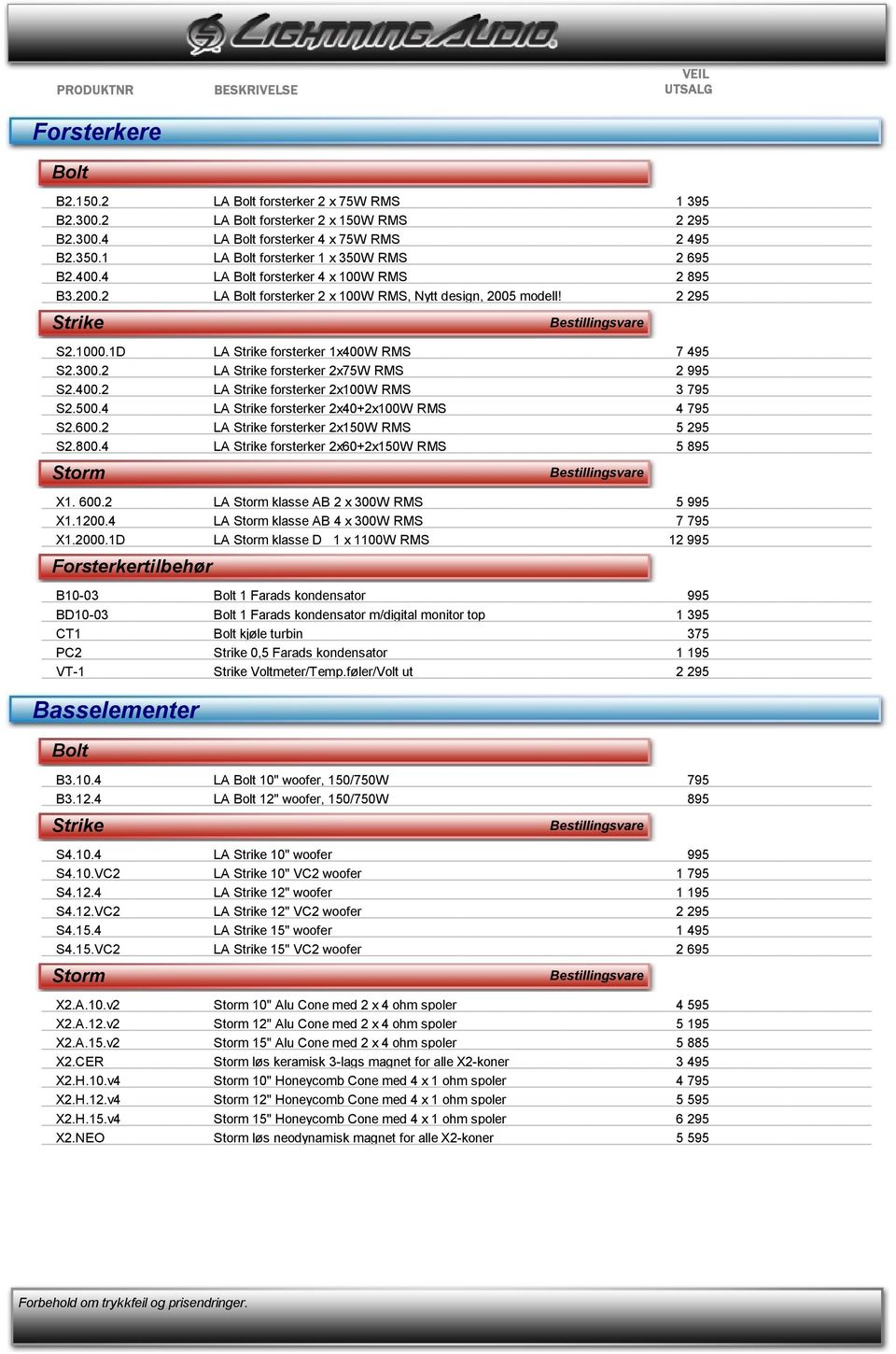 1D LA Strike forsterker 1x400W RMS 7 495 S2.300.2 LA Strike forsterker 2x75W RMS 2 995 S2.400.2 LA Strike forsterker 2x100W RMS 3 795 S2.500.4 LA Strike forsterker 2x40+2x100W RMS 4 795 S2.600.