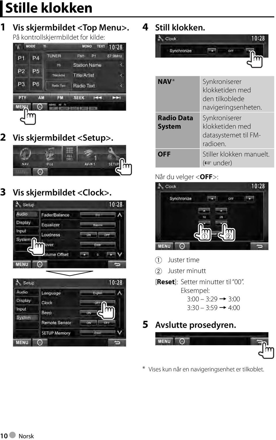 Synkroniserer klokketiden med datasystemet til FMradioen. Stiller klokken manuelt.