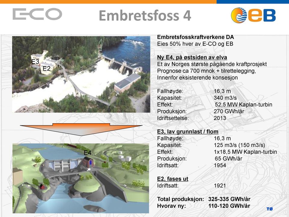 Kaplan-turbin Produksjon: 270 GWh/år Idriftsettelse: 2013 E4 E3, lav grunnlast / flom Fallhøyde: 16,3 m Kapasitet: 125 m3/s (150 m3/s) Effekt: