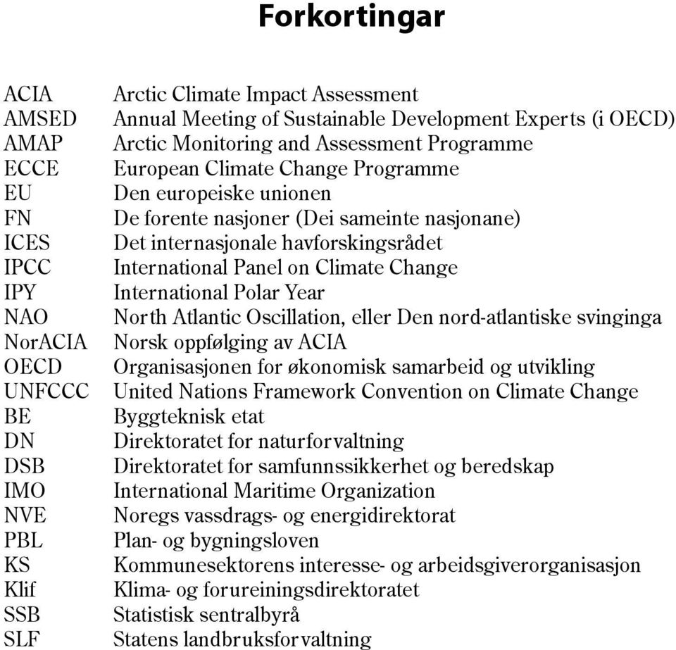 International Panel on Climate Change International Polar Year North Atlantic Oscillation, eller Den nord-atlantiske svinginga Norsk oppfølging av ACIA Organisasjonen for økonomisk samarbeid og