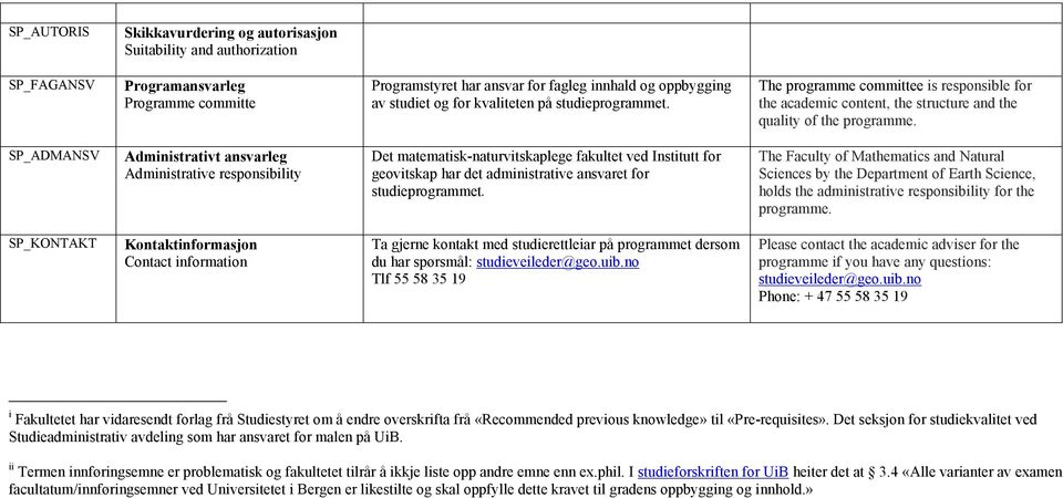 SP_ADMANSV Administrativt ansvarleg Administrative responsibility Det matematisk-naturvitskaplege fakultet ved Institutt for geovitskap har det administrative ansvaret for studieprogrammet.