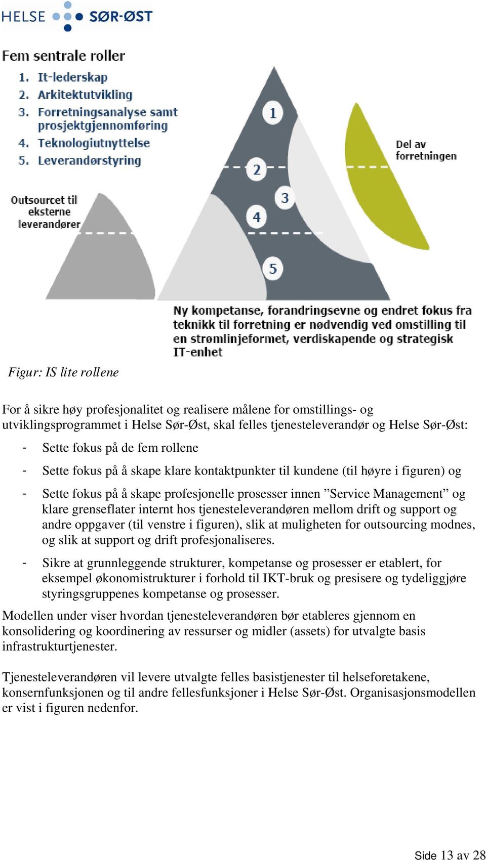 internt hos tjenesteleverandøren mellom drift og support og andre oppgaver (til venstre i figuren), slik at muligheten for outsourcing modnes, og slik at support og drift profesjonaliseres.