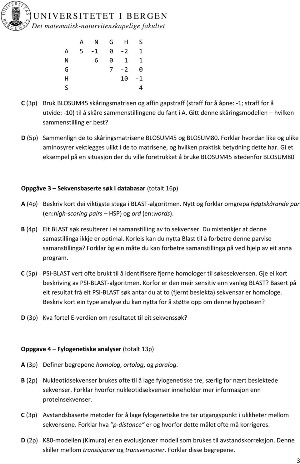 Forklar hvordan like og ulike aminosyrer vektlegges ulikt i de to matrisene, og hvilken praktisk betydning dette har.