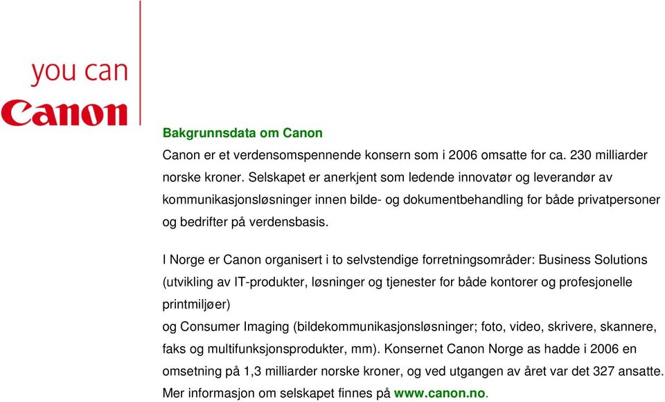 I Norge er Canon organisert i to selvstendige forretningsområder: Business Solutions (utvikling av IT-produkter, løsninger og tjenester for både kontorer og profesjonelle printmiljøer) og