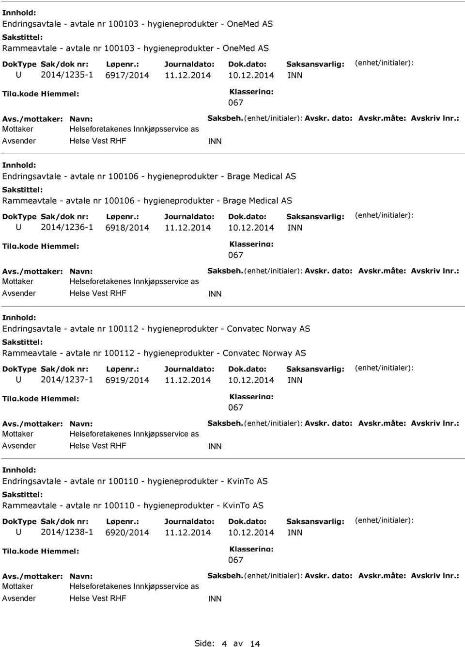 as NN Endringsavtale - avtale nr 100112 - hygieneprodukter - Convatec Norway AS Rammeavtale - avtale nr 100112 - hygieneprodukter - Convatec Norway AS 2014/1237-1 6919/2014 NN Helseforetakenes