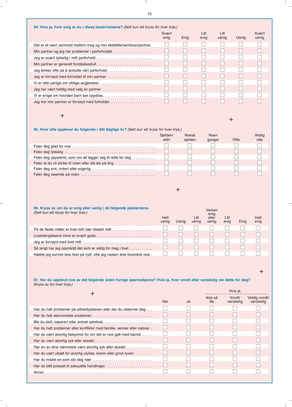 ................. Jeg er svært lykkelig i mitt parforhold.......................... Min partner er generelt forståelsesfull.......................... Jeg tenker ofte på å avslutte vårt parforhold.