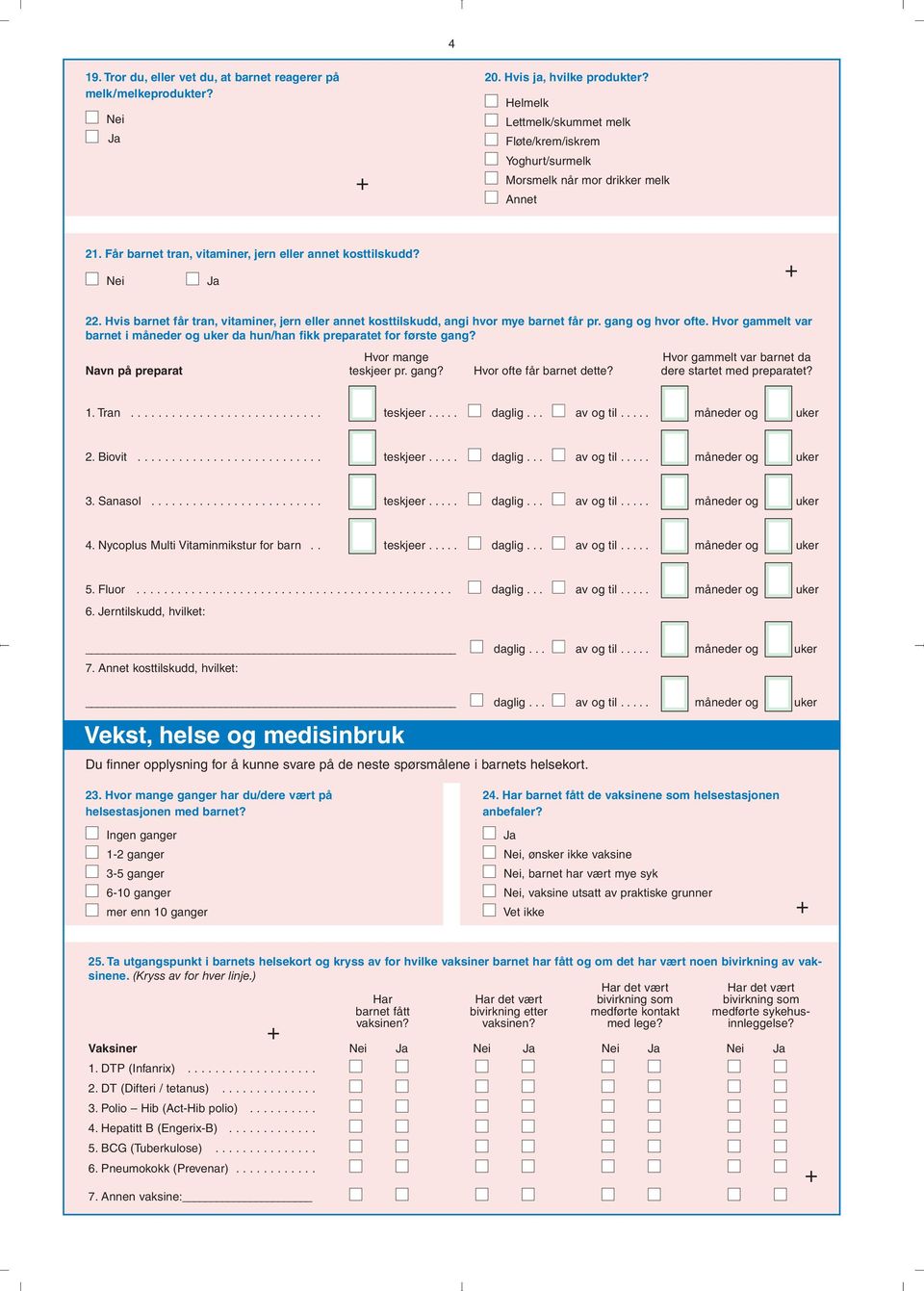 Hvis barnet får tran vitaminer jern eller annet kosttilskudd angi hvor mye barnet får pr. gang og hvor ofte. Hvor gammelt var barnet i og uker da hun/han fikk preparatet for første gang?