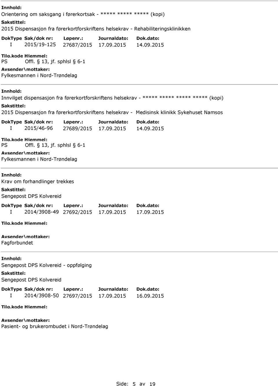 førerkortforskriftens helsekrav - Medisinsk klinikk Sykehuset Namsos 2015/46-96 27689/2015 Fylkesmannen i Nord-Trøndelag Krav om forhandlinger trekkes Sengepost D