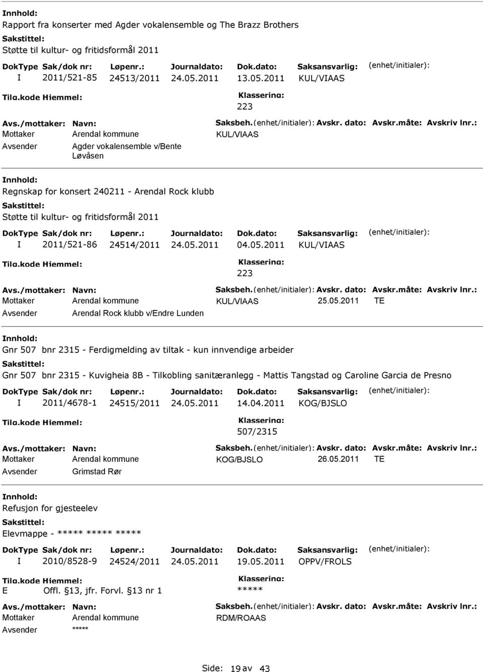 05.2011 KL/VAAS 223 Avs./mottaker: Navn: Saksbeh. Avskr. dato: Avskr.måte: Avskriv lnr.: KL/VAAS 25.05.2011 T Arendal Rock klubb v/ndre Lunden nnhold: Gnr 507 bnr 2315 - Ferdigmelding av tiltak - kun