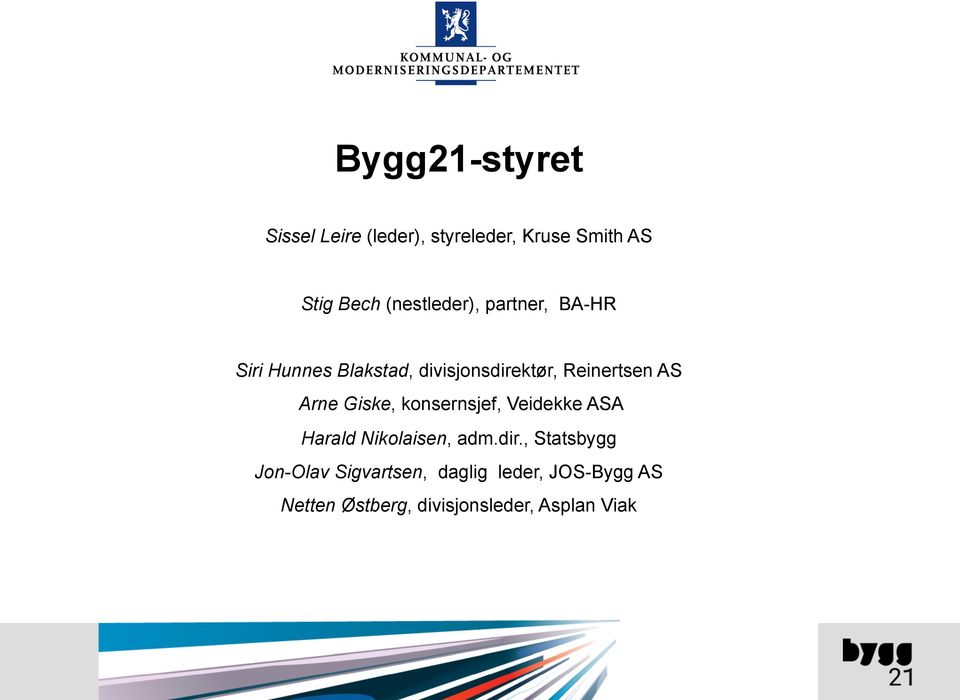 Giske, konsernsjef, Veidekke ASA Siri Hunnes Harald Stig Blakstad, Bech Nikolaisen, (nestleder), divisjonsdire