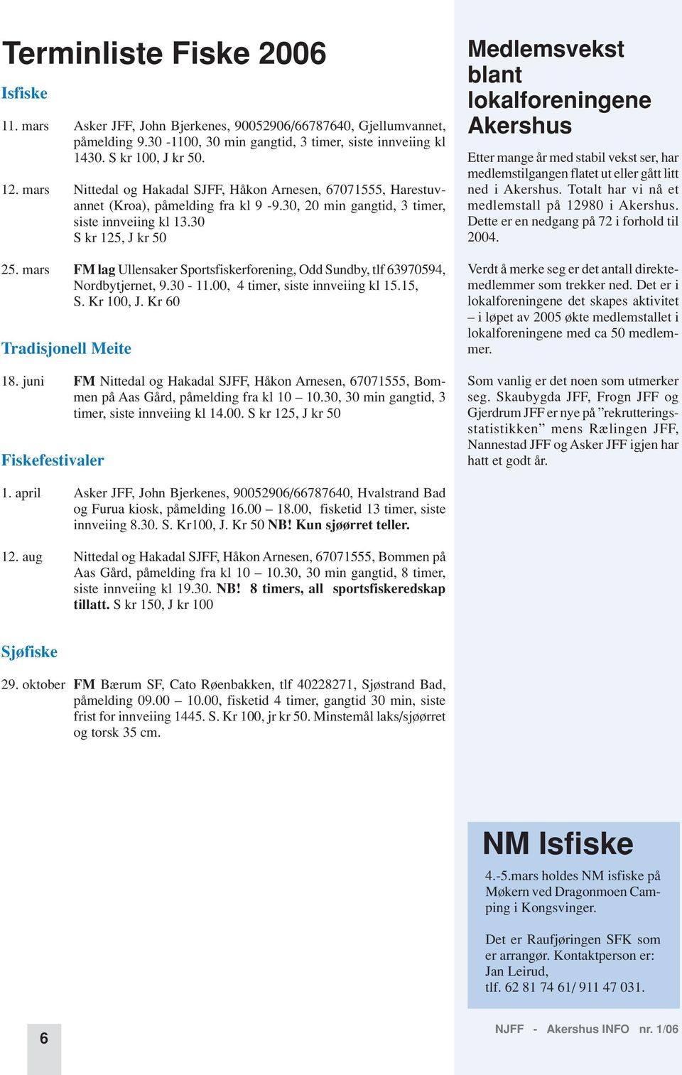 mars FM lag Ullensaker Sportsfiskerforening, Odd Sundby, tlf 63970594, Nordbytjernet, 9.30-11.00, 4 timer, siste innveiing kl 15.15, S. Kr 100, J. Kr 60 Tradisjonell Meite 18.