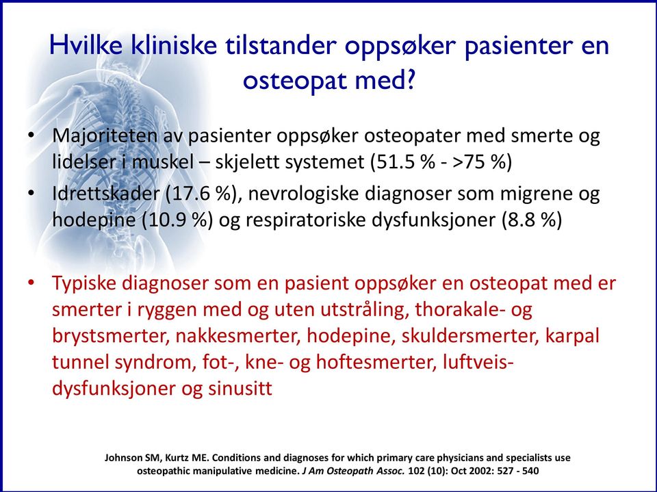 8 %) Typiske diagnoser som en pasient oppsøker en osteopat med er smerter i ryggen med og uten utstråling, thorakale- og brystsmerter, nakkesmerter, hodepine, skuldersmerter, karpal