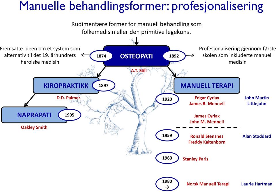 århundrets heroiske medisin 1874 OSTEOPATI 1892 Profesjonalisering gjennom første skolen som inkluderte manuell medisin A.T. Still KIROPRAKTIKK 1897 MANUELL TERAPI D.