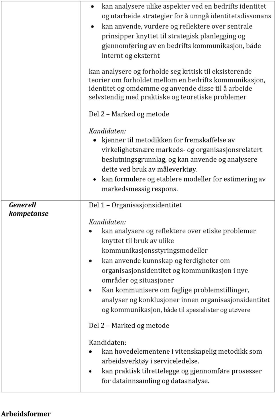 identitet og omdømme og anvende disse til å arbeide selvstendig med praktiske og teoretiske problemer Del 2 Marked og metode kjenner til metodikken for fremskaffelse av virkelighetsnære markeds- og