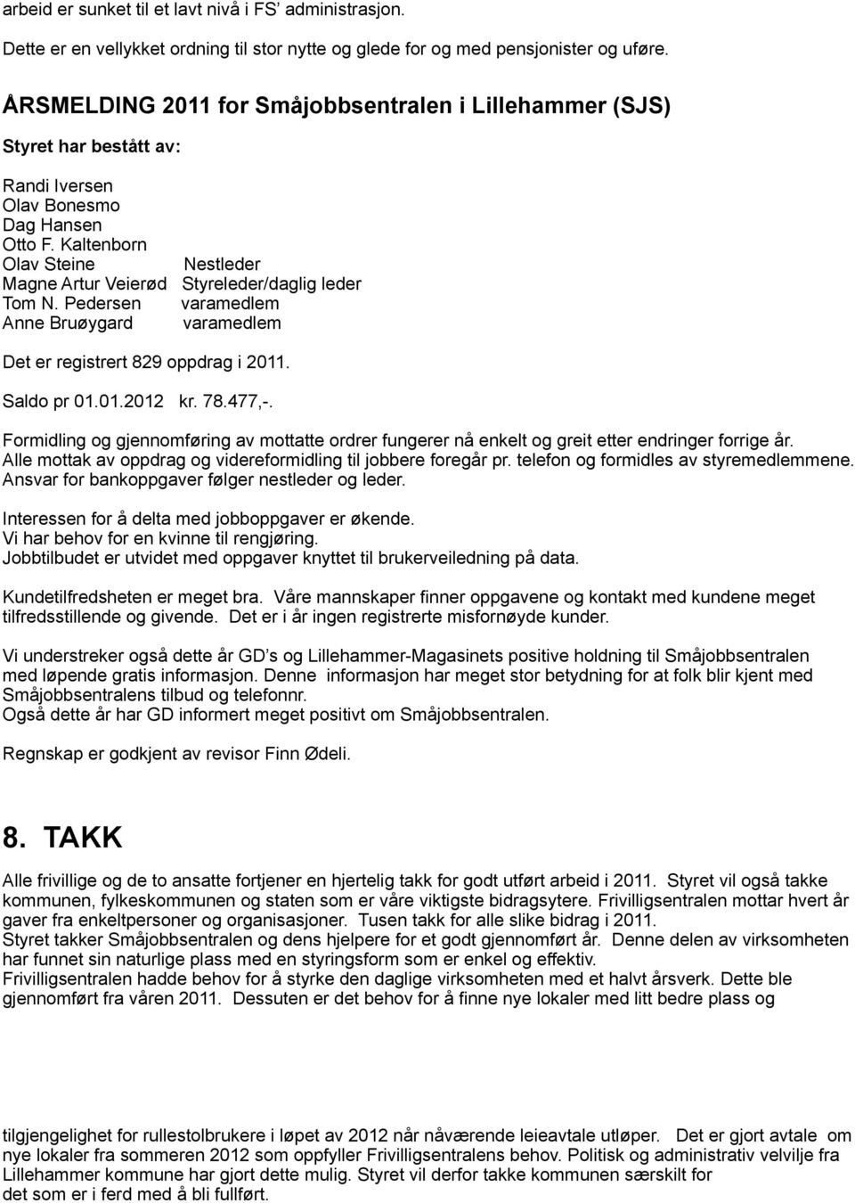 Kaltenborn Olav Steine Nestleder Magne Artur Veierød Styreleder/daglig leder Tom N. Pedersen varamedlem Anne Bruøygard varamedlem Det er registrert 829 oppdrag i 2011. Saldo pr 01.01.2012 kr. 78.