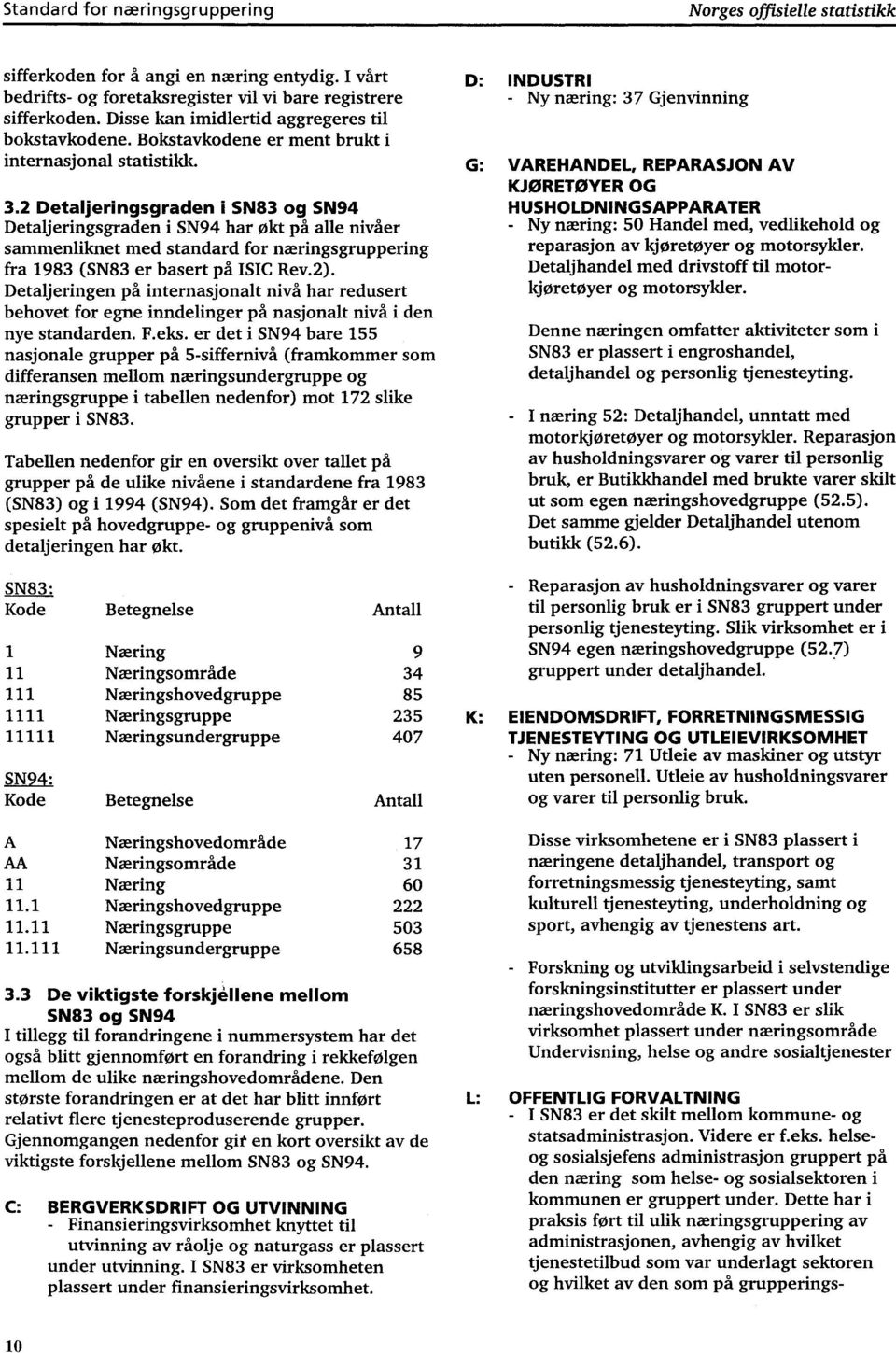 2 Detaljeringsgraden i SN83 og SN94 Detaljeringsgraden i SN94 har økt på alle nivåer sammenliknet med standard for næringsgruppering fra 1983 (SN83 er basert på ISIC Rev.2).