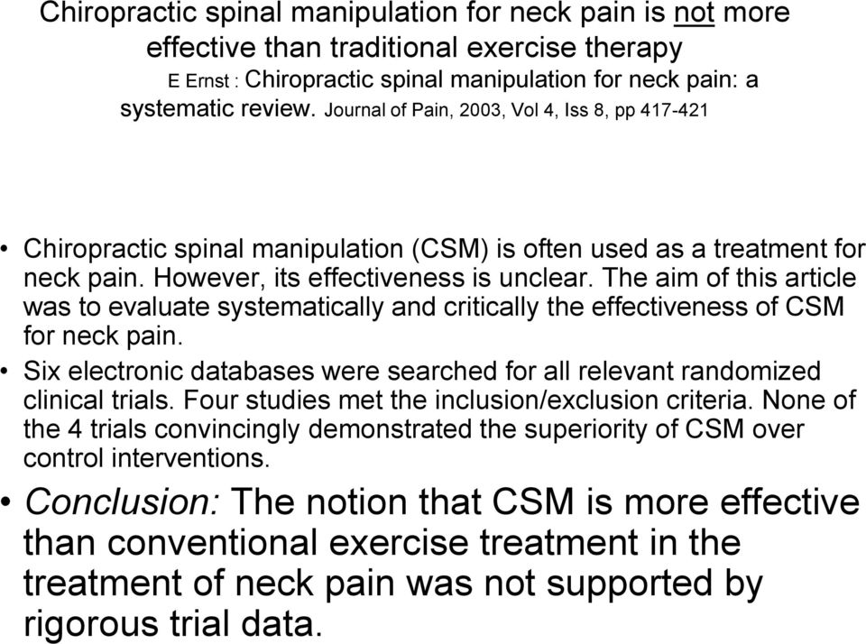 The aim of this article was to evaluate systematically and critically the effectiveness of CSM for neck pain. Six electronic databases were searched for all relevant randomized clinical trials.