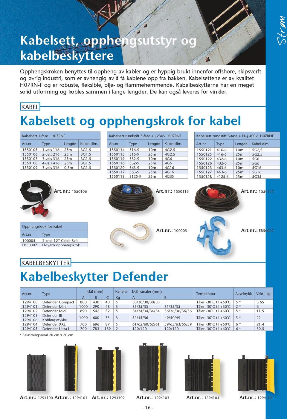 De kan også leveres for vinkler. KABEL Kabelsett og opphengskrok for kabel Kabelsett 1-fase H07RNF Art.nr Type Lengde Kabel dim.