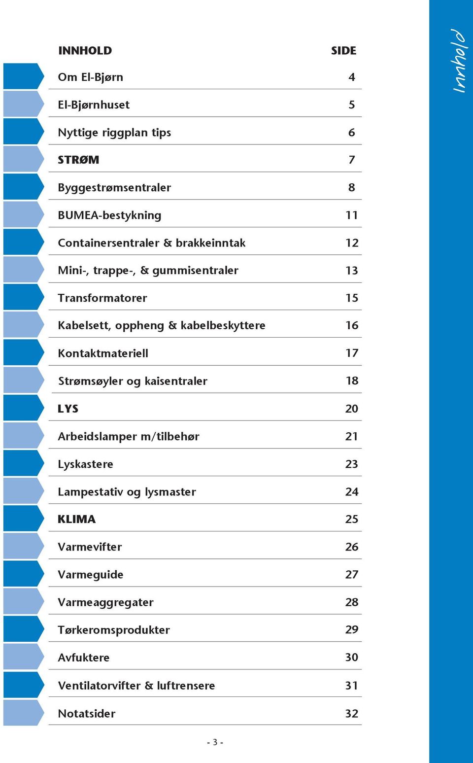 Kontaktmateriell Strømsøyler og kaisentraler 16 17 18 LYS 20 Arbeidslamper m/tilbehør 21 Lyskastere 23 Lampestativ og lysmaster 24