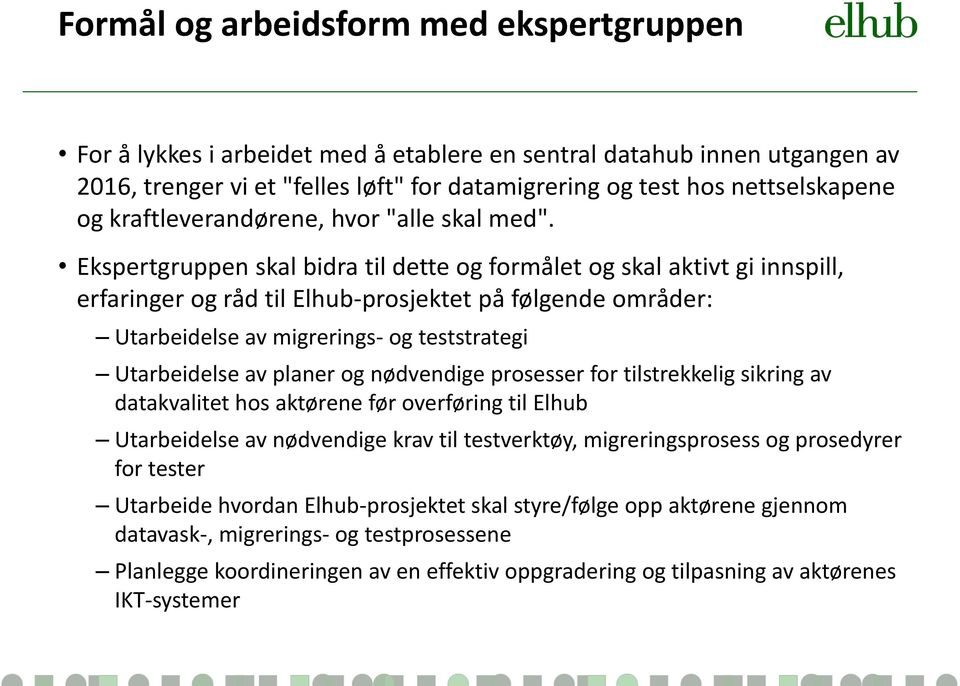 Ekspertgruppen skal bidra til dette og formålet og skal aktivt gi innspill, erfaringer og råd til Elhub-prosjektet på følgende områder: Utarbeidelse av migrerings- og teststrategi Utarbeidelse av