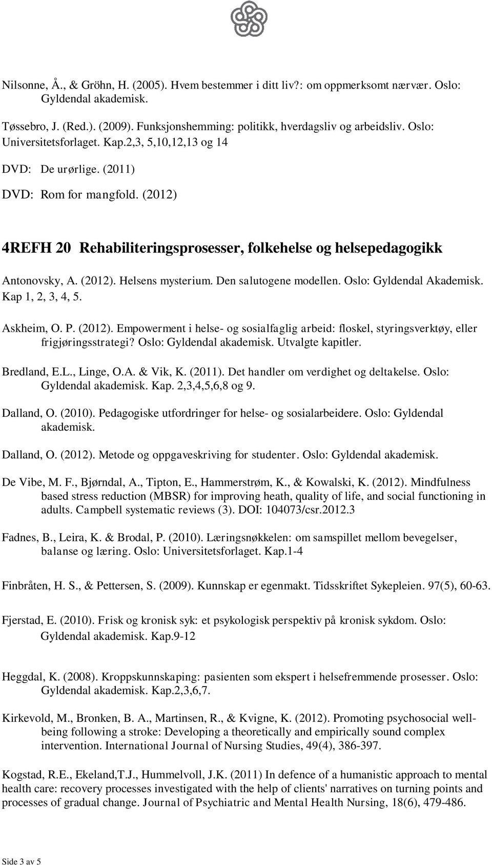 Den salutogene modellen. Oslo: Gyldendal Akademisk. Kap 1, 2, 3, 4, 5. Askheim, O. P. (2012). Empowerment i helse- og sosialfaglig arbeid: floskel, styringsverktøy, eller frigjøringsstrategi?